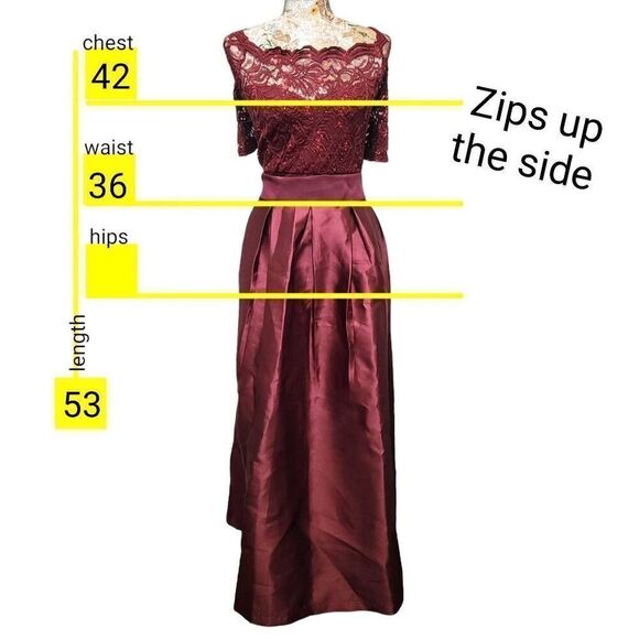 Candalite Formal Burgundy Sheer Lace Sequin Satin Skirt Long Gown Maxi Dress - Picture 2 of 10